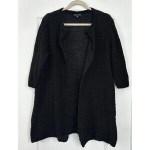 Eileen Fisher Italian Yarn Open Cardigan Sz L Linen Cotton Black Long 3/4 Sleeve